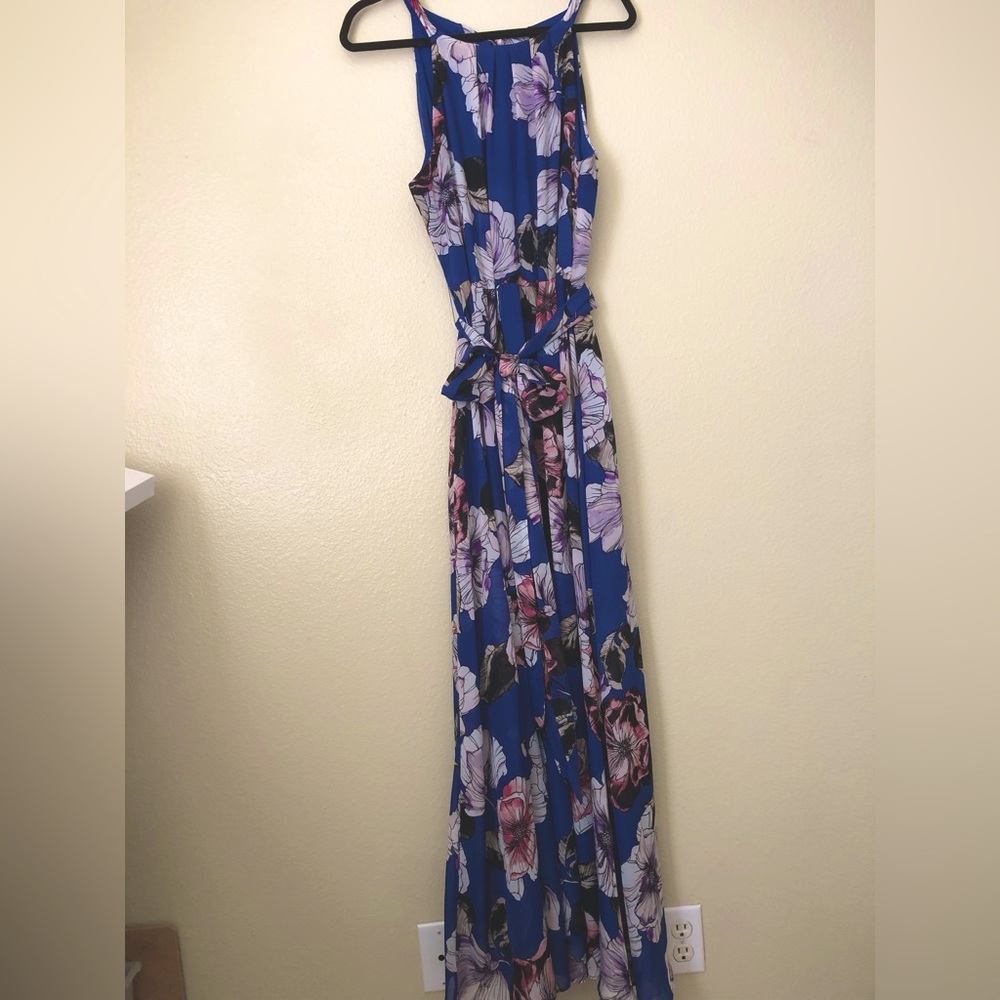 Blue floral maxi dress pink and purple flowers, back zipper, waist tie string